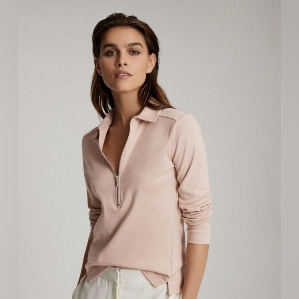 Reiss Blush Pink Zip-Front Polo Top